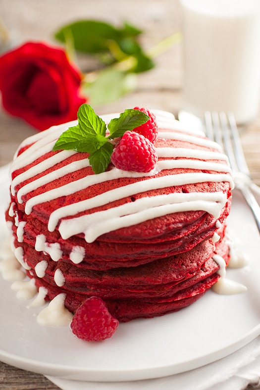 Red Velvet Pancakes with Cream Cheese Glaze - Cooking Classy