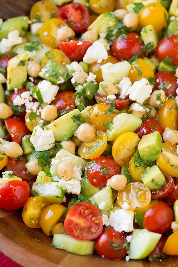 Tomato Avocado Cucumber Chick Pea Salad with Feta and Greek Lemon Dressing | Cooking Classy