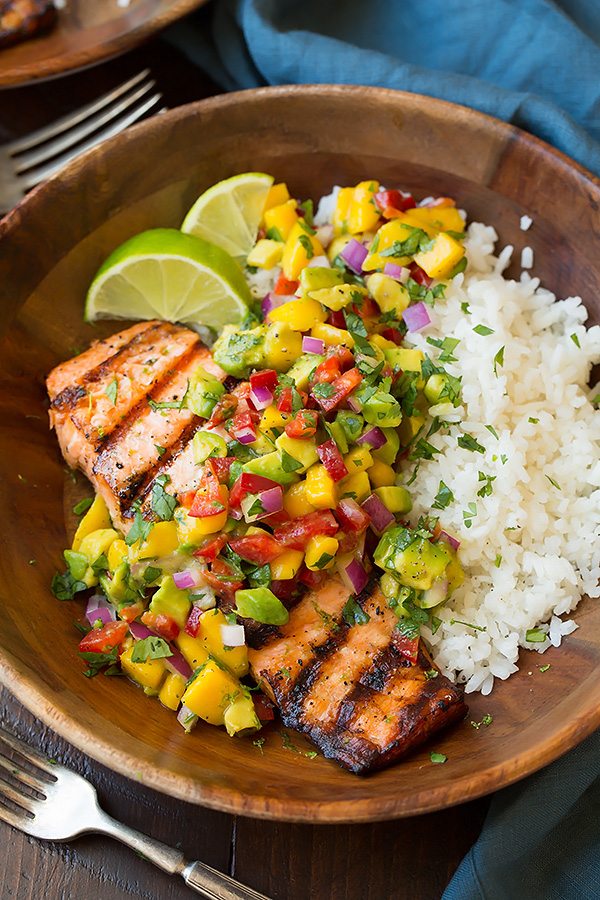 Grilled Lime Salmon with Mango-Avocado Salsa and Coconut Rice | Cooking Classy