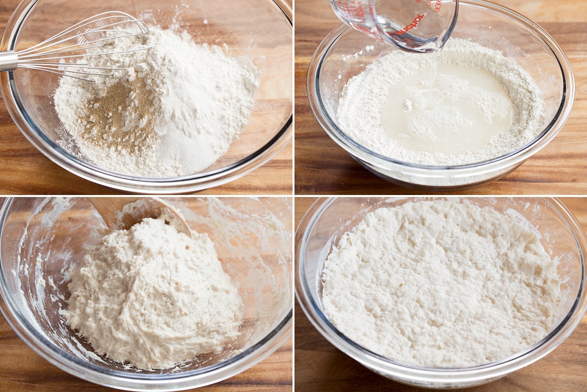Four steps of mixing and rising no knead bread dough in a bowl shown here.
