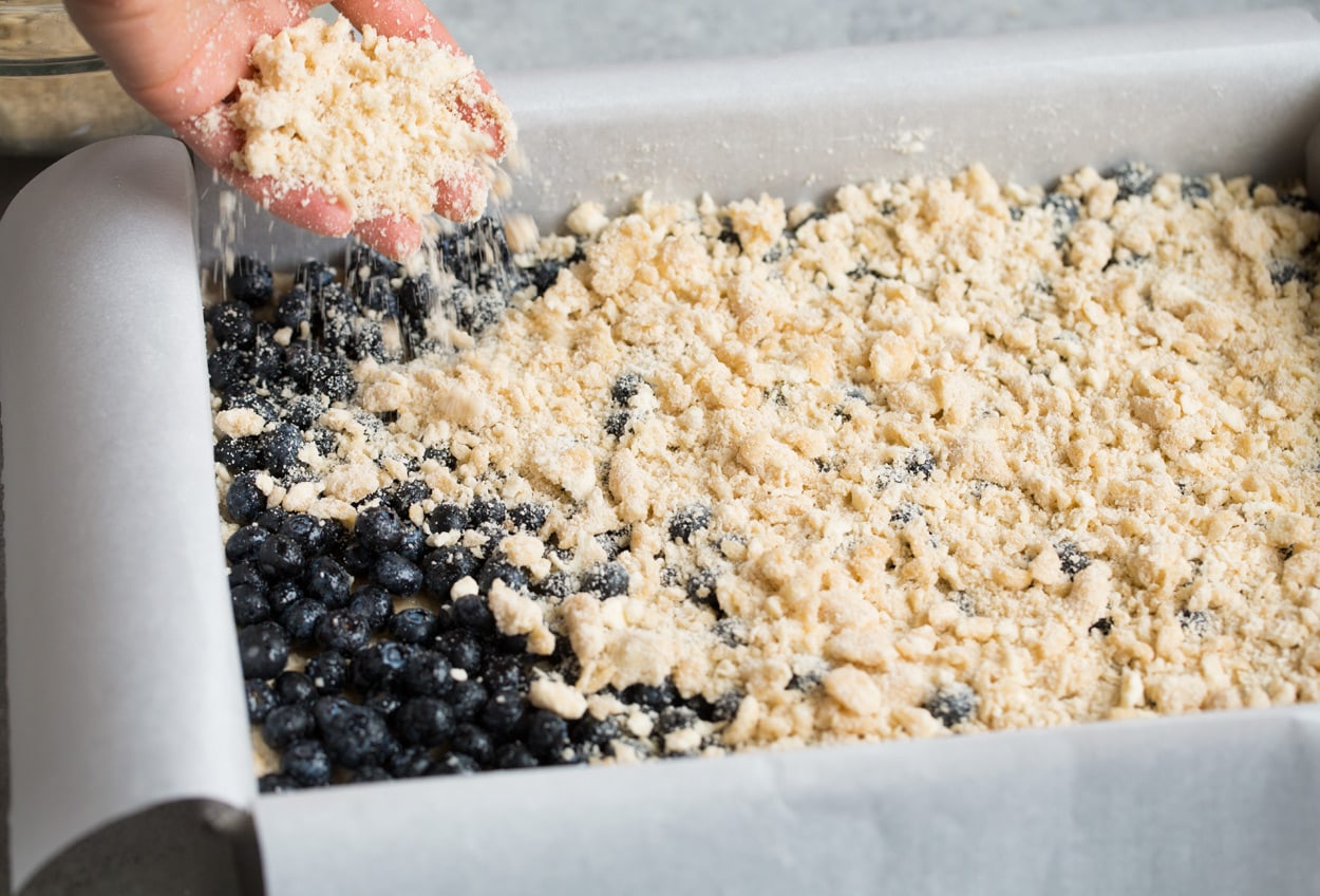 Blueberry Crumb Bars sprinkling final crumb layer