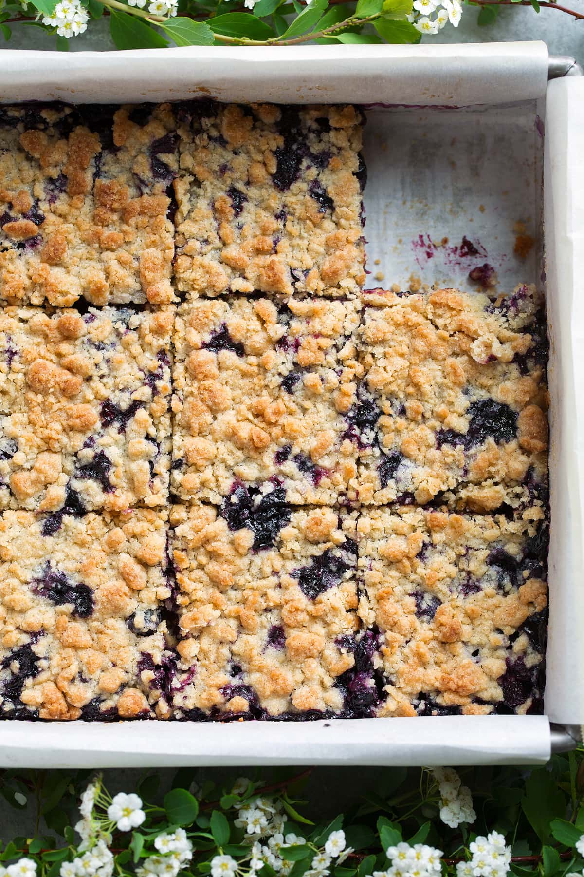 Blueberry Crumb Bars in baking pan