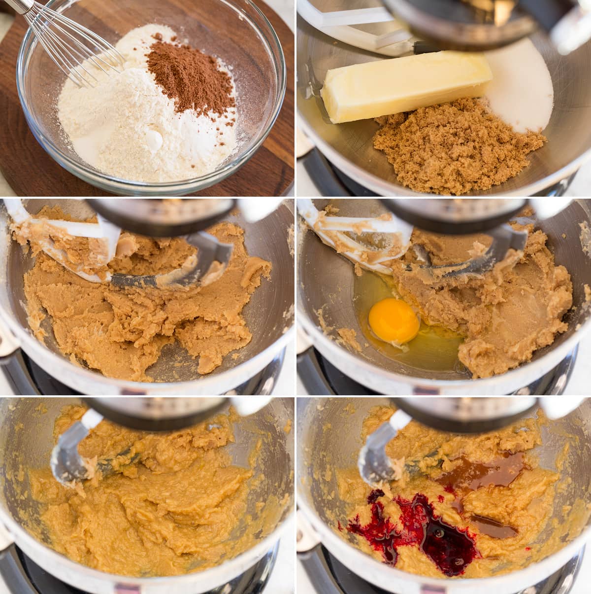 Collage of six images showing steps to making red velvet cookie dough in a stand mixer.