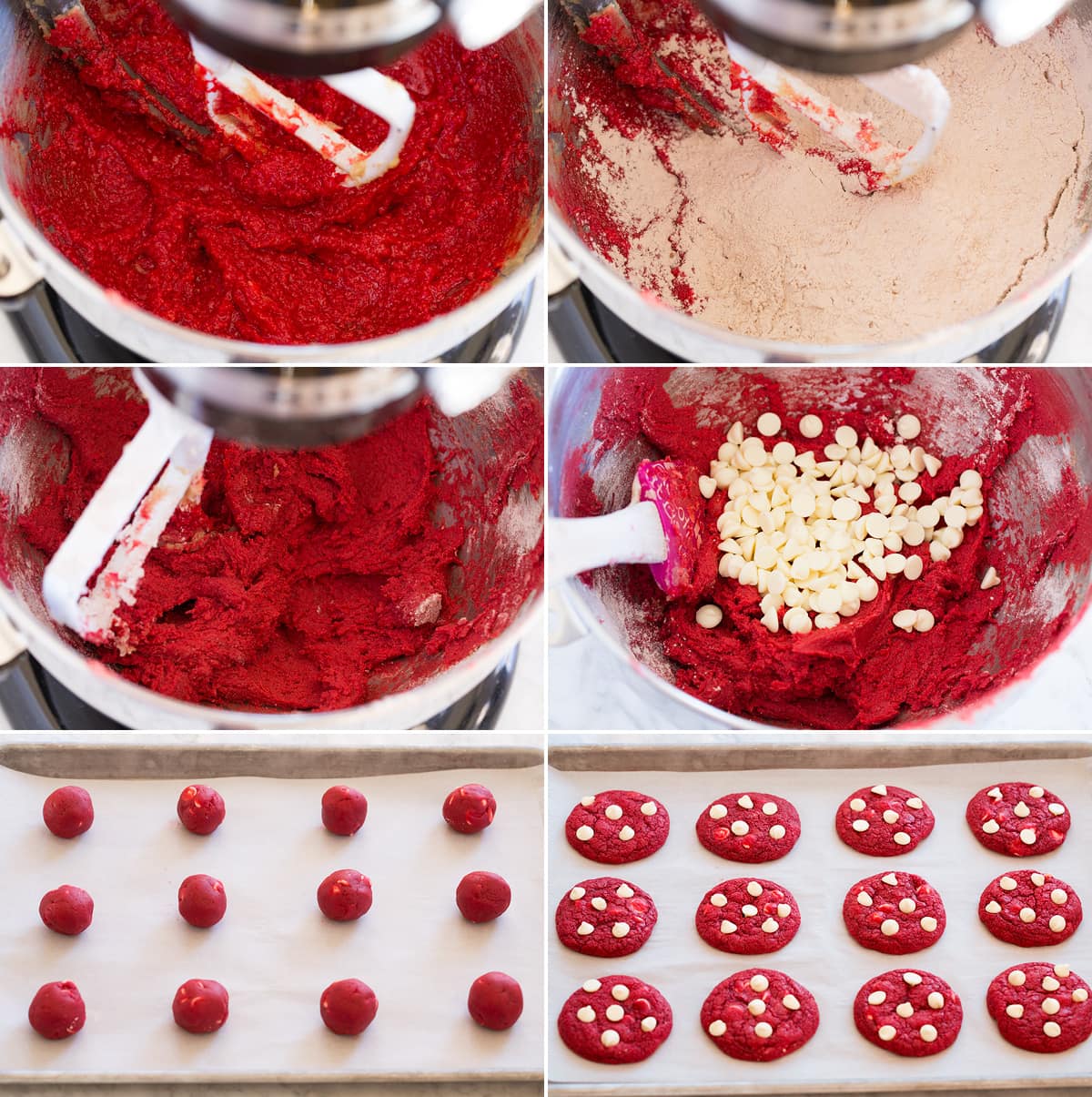 Collage of six images showing remaining steps of making red velvet cookie dough batter then shaping cookie dough into balls and placing on baking sheet.