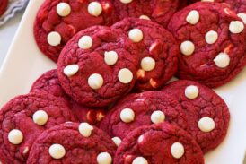 Red Velvet Cookies shown from a side angle on a platter.