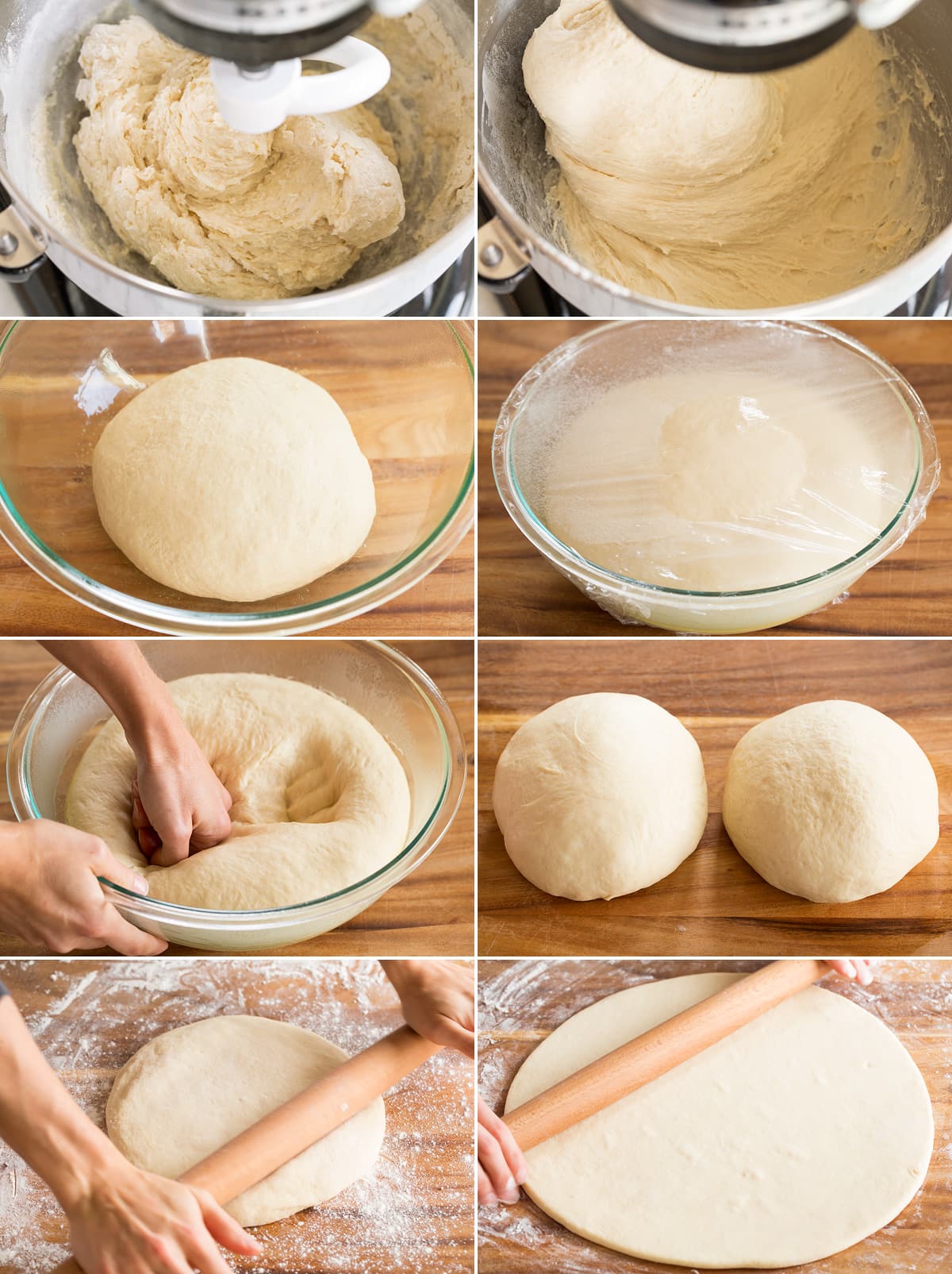 Collage of eight images showing next steps of preparing dinner rolls. Includes kneading dough until combined then until nearly smooth. Then rising dough in a bowl, punching dough down. Dividing into two portions and rolling portions into a round.