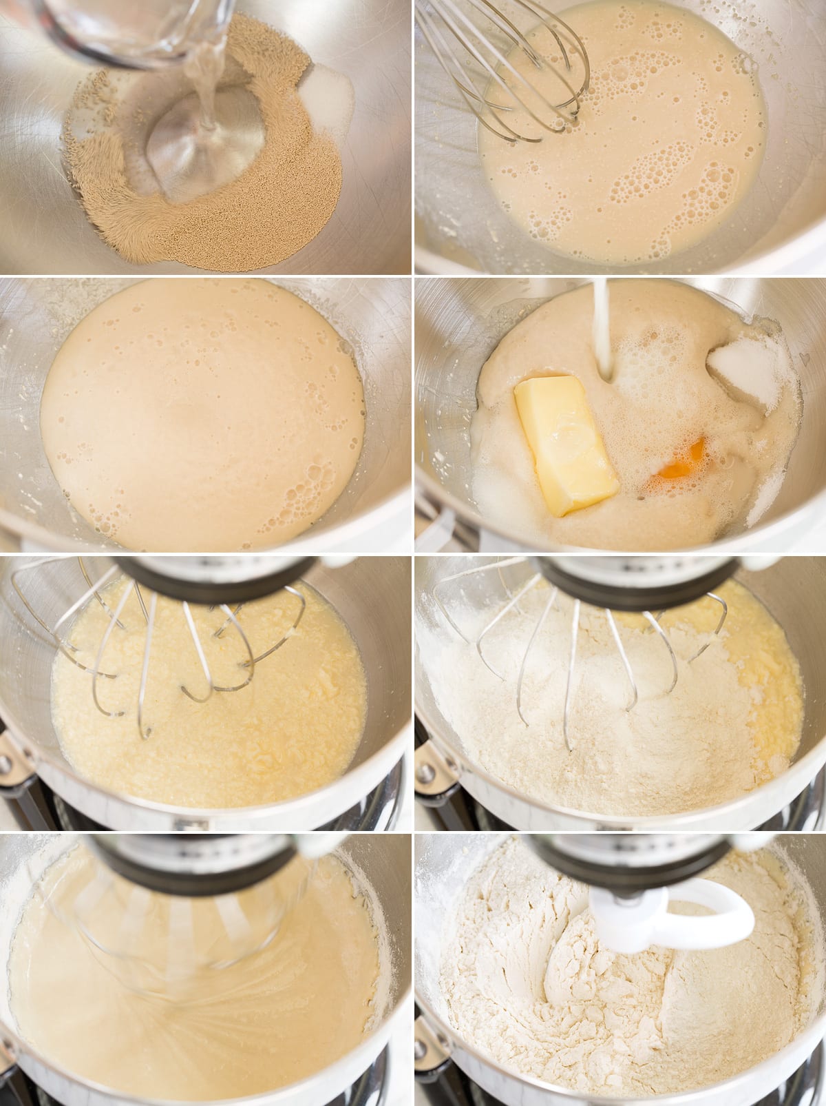 Collage of eight images showing first eight steps to making homemade dinner rolls. Includes proofing yeast in a mixer bowl, adding wet ingredients and mixing then add half the flour and mixing.