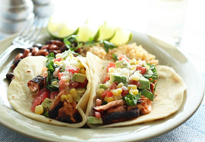 Blackened Salmon Tacos with Corn Salsa and Cilantro Lime Ranch