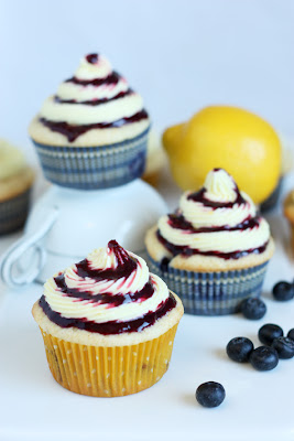 Blueberry Cupcakes with Lemon Buttercream and Blueberry Sauce