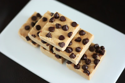 Cookie Dough Fudge squares stacked 