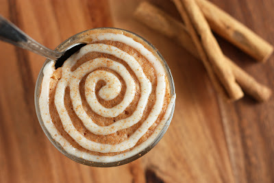 An overhead shot of a cinnamon roll mug cake