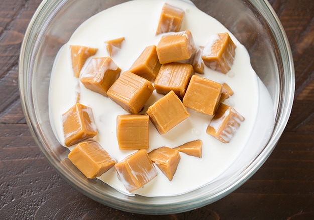 caramels and cream in glass bowl