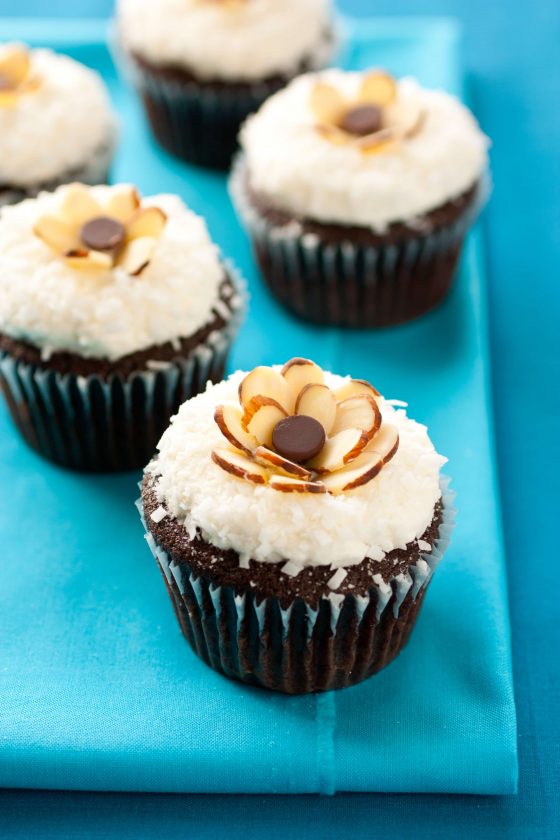 Chocolate Cupcakes with Coconut Frosting & Almonds {Almond Joy Cupcakes