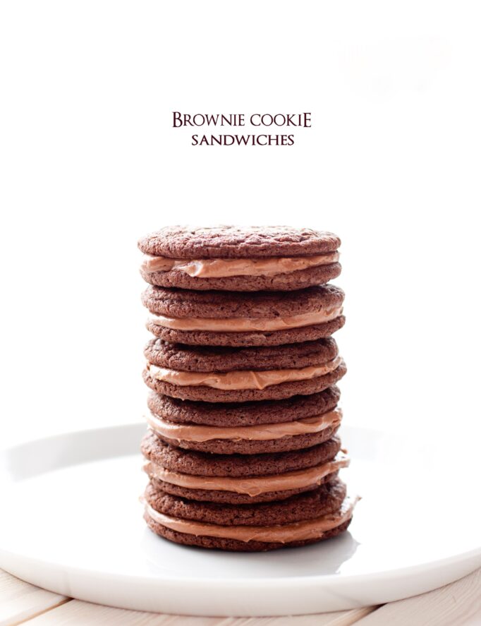 Brownie Sandwich Cookies with Chocolate Chip Cookie Dough Frosting