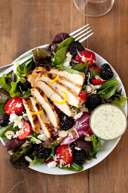 salad with berries, grilled lemon chicken and feta