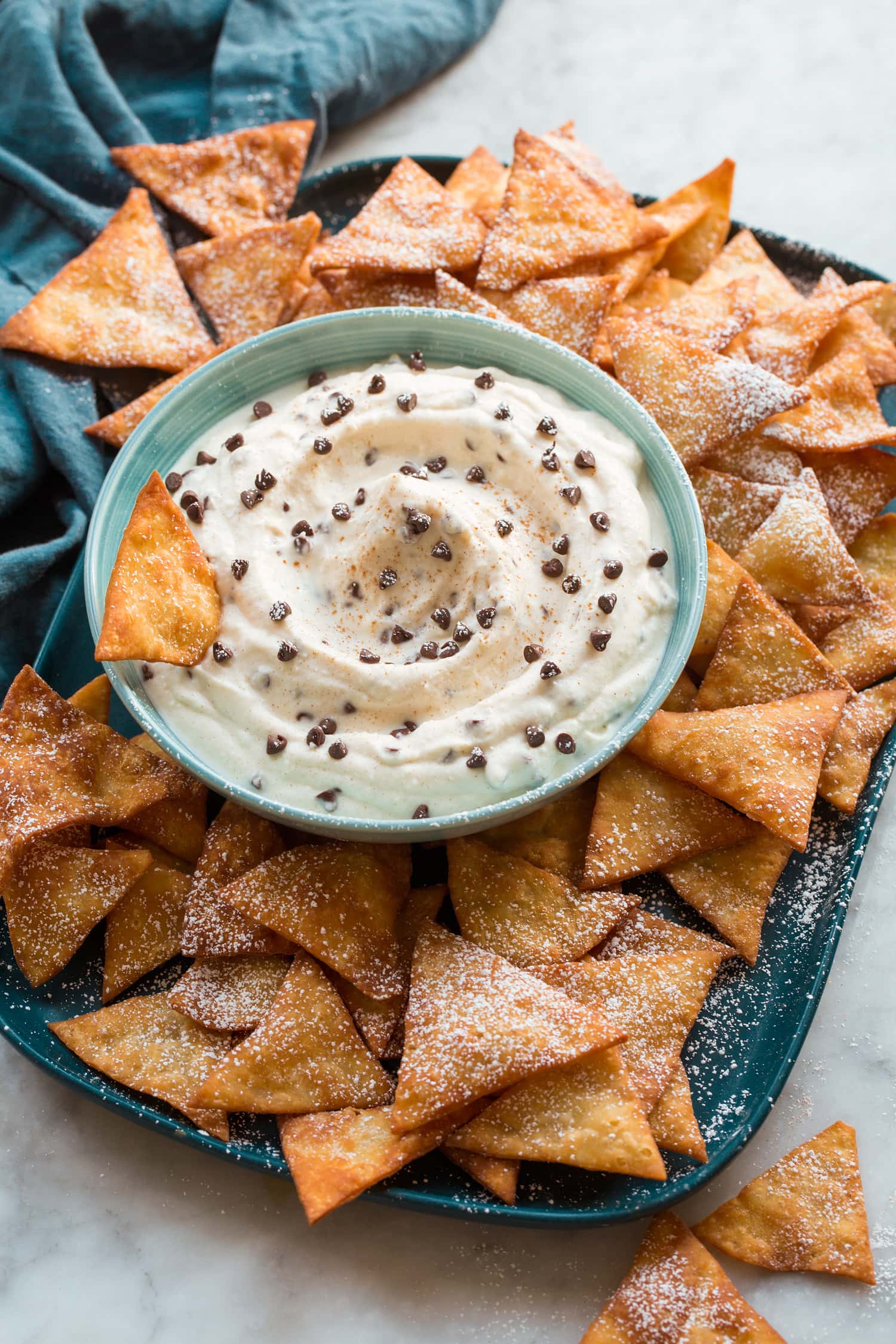 Cannoli dip served with homemade cannoli shell chips.