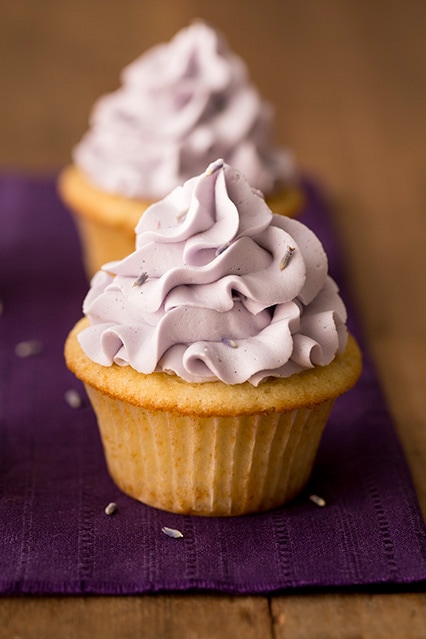 lavender cupcakes with vanilla bean frosting.