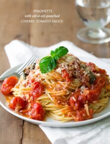 Cherry tomato sauce and spaghetti on a white plate