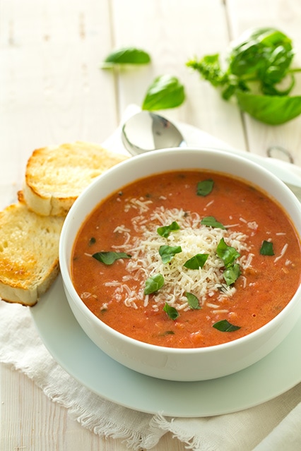 Creamy Tomato Basil Soup with Roasted Garlic and Asiago Cheese | Cooking Classy