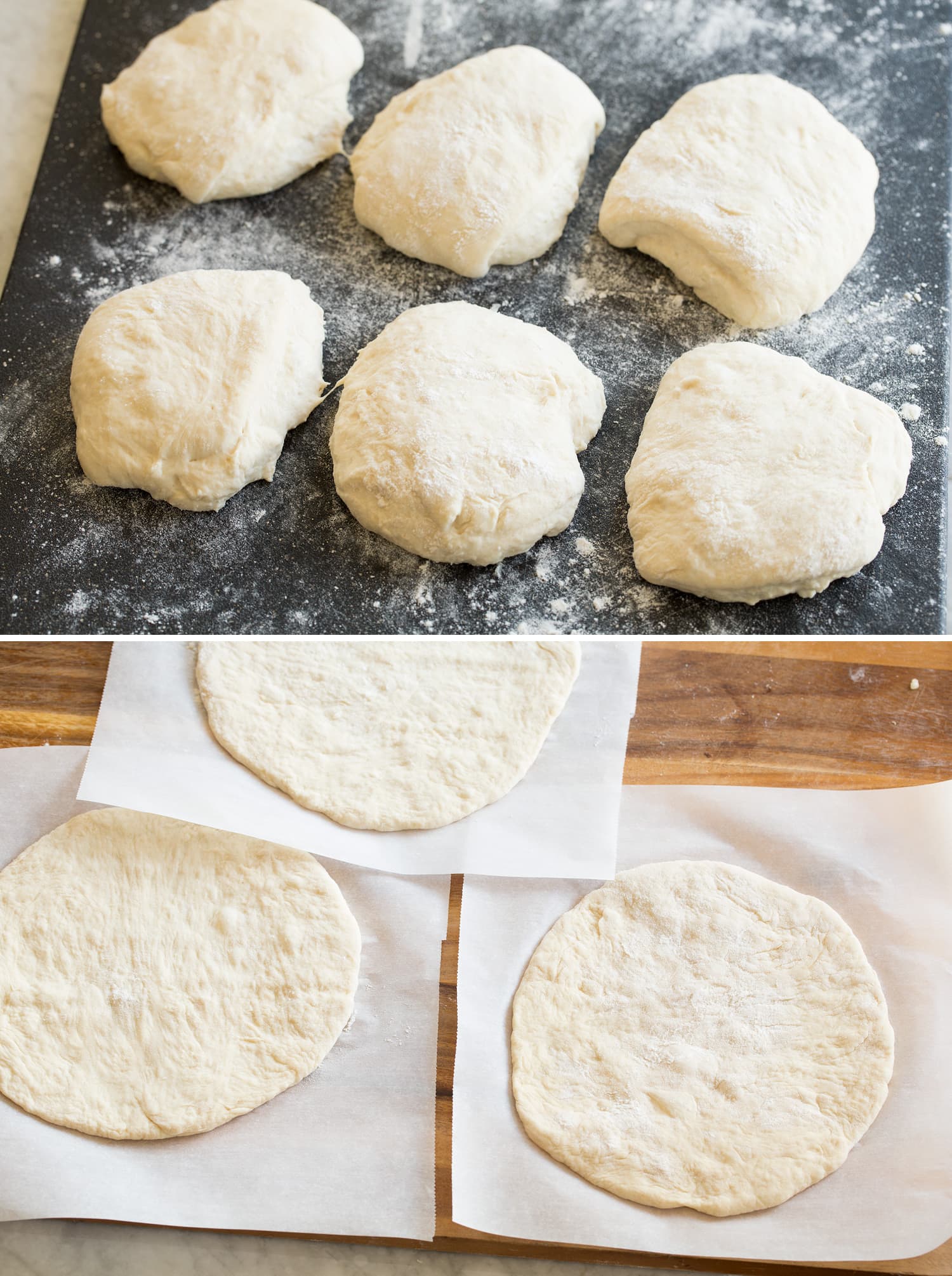 Pizza dough cut into six portions then shaped into rounds.