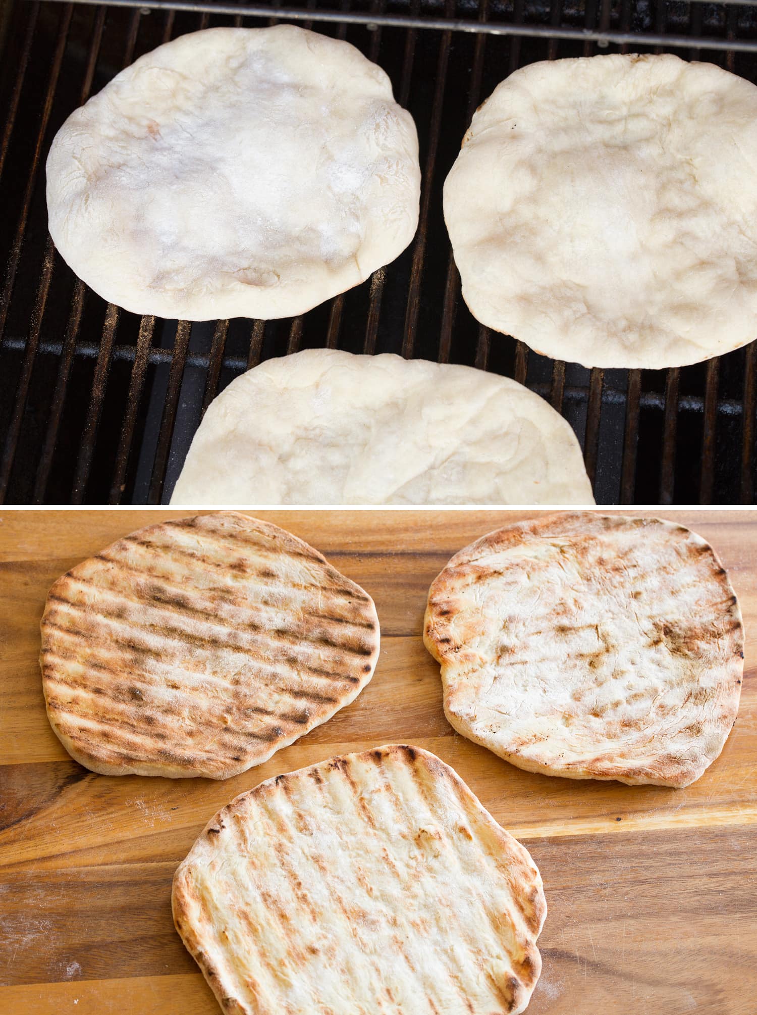 Pizza dough before and after grilling.