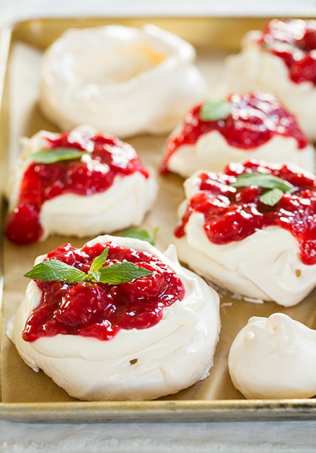 Pavlovas with Cream Cheese Whipped Cream and Raspberry Sauce | Cooking Classy
