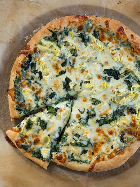 Artichoke Pizza with Spinach out of the oven