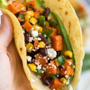 Close up image of vegetarian filled sweet potato, black bean and avocado taco.