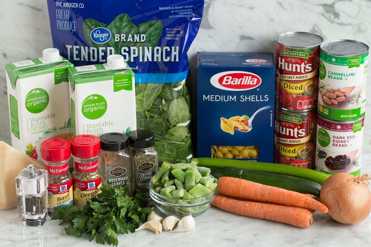 Minestrone Ingredients shown here including carrots, onion, celery, zucchini, beans, garlic, parsley, basil, oregano, parmesan, vegetable broth, spinach, pasta shells, canned tomatoes, and kidney beans.