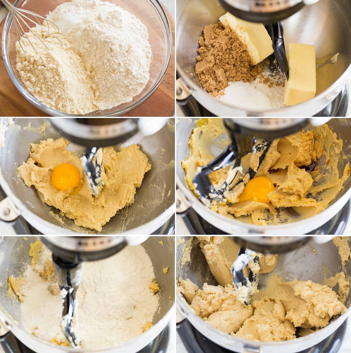 Collage of six photos showing how to make linzer cookie dough in a stand mixer bowl.