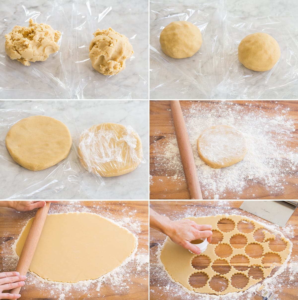 Collage of six photos showing how to shape linzer cookie dough for chilling then shows how to roll the dough on a floured surface and cut.