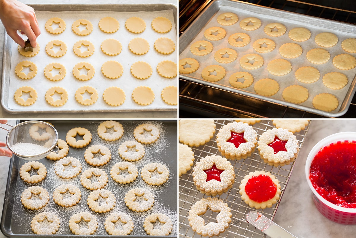 Collage of four photos showing how to back linzer cookies on cookie sheets, then finish with powdered sugar on top and jam in centers.