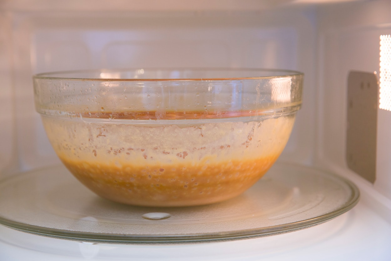 Caramel mixture shown after cooking in mixing bowl.