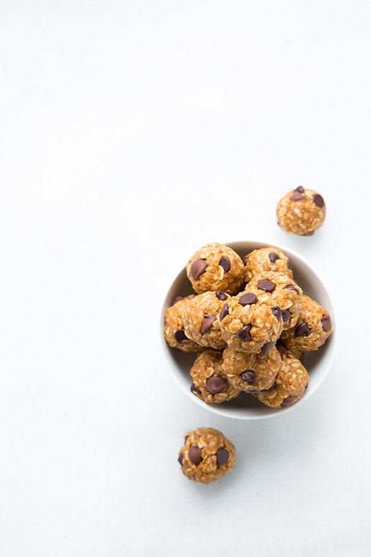 An overhead shot of No Bake Energy Bites in a white bowl