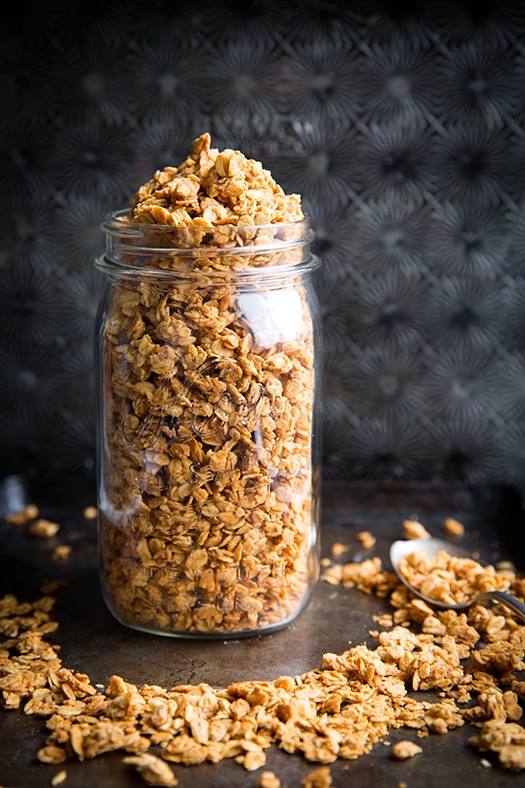 glass jar filled with Peanut Butter Granola