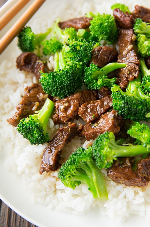 close up of Slow Cooker Beef and Broccoli with white rice