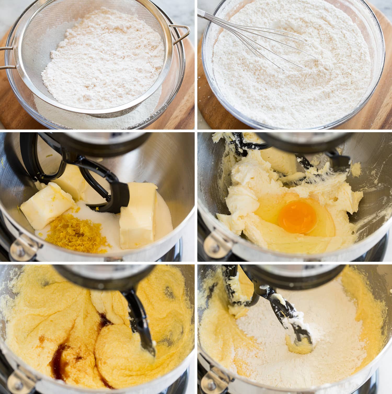 Steps of making lemon blueberry cake batter in a stand mixer bowl.