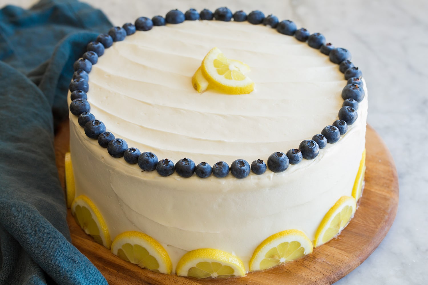 Completed layered lemon and blueberry cake.