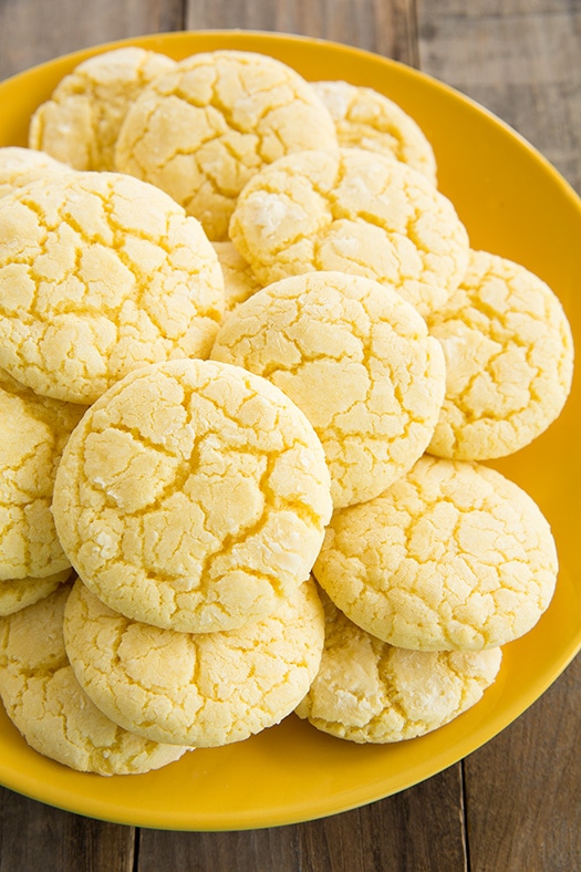 Lemon Crinkle Cookies on a yellow plate