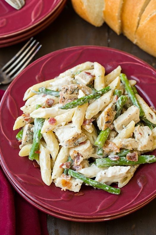 Chicken Asparagus Pasta on red plate