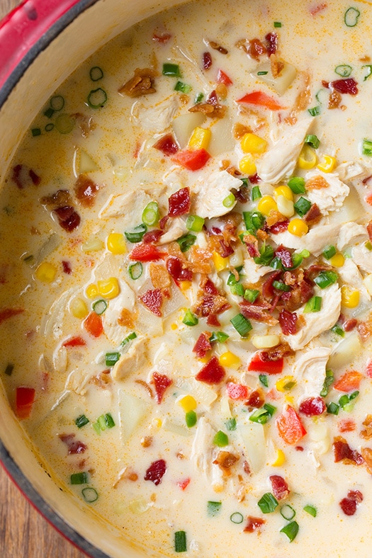 A close up of Creamy Chicken and Corn Chowder in a large pot