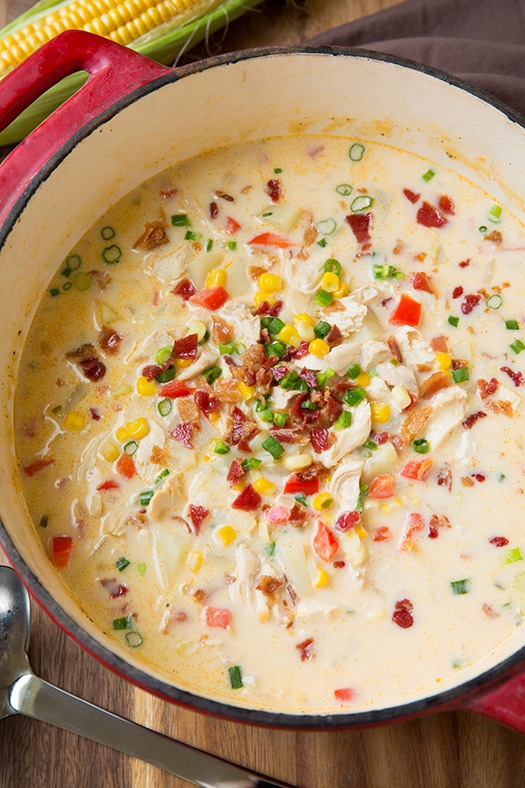 Creamy Chicken and Corn Chowder in a red pot