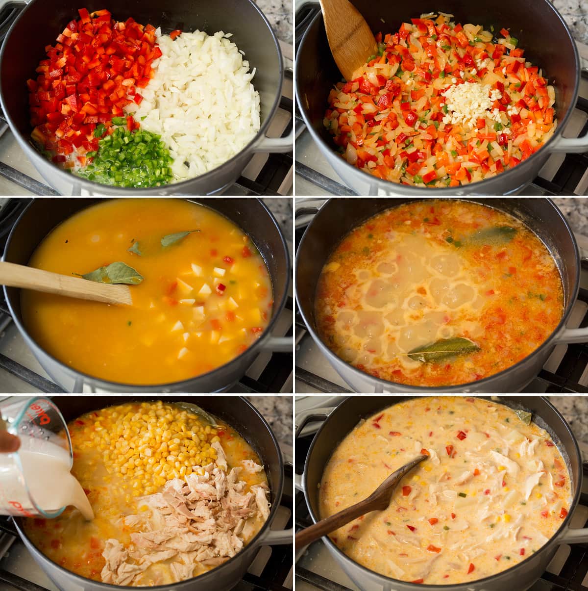 Collage of photos showing how to make creamy chicken corn chowder on the stovetop.