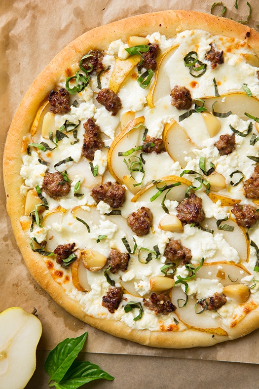 Pear Goat Cheese and Italian Sausage Pizza with Roasted Garlic and Fresh Basil | Cooking Classy
