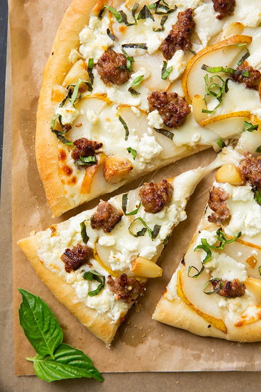 Pear Goat Cheese and Italian Sausage Pizza with Roasted