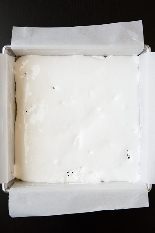 marshmallow creme inside square baking dish