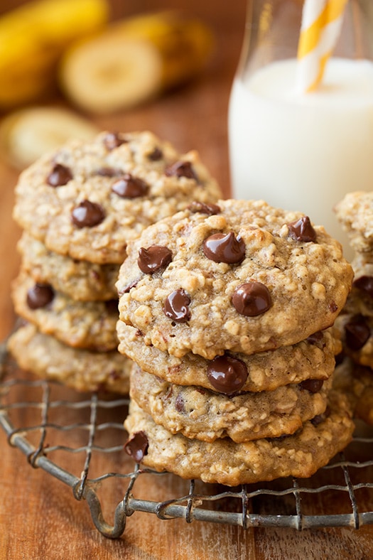 stacks of Banana Oatmeal Chocolate Chip Cookies on wire rack