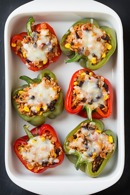 Chicken Stuffed Peppers in white baking dish