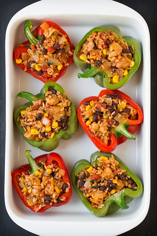 Chicken Stuffed Peppers in baking dish