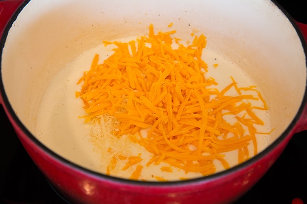 shredded cheese in large pot with milk and flour mixture